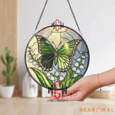 Green Butterfly Stained Glass Suncatcher Lily of the Valley Window Panel Nature Garden Decor Spring Butterfly Glass Art